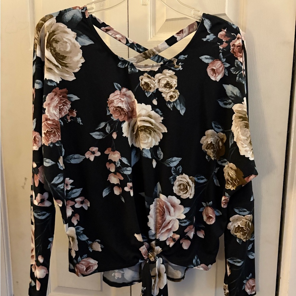 Iz Byer Black Floral Blouse with Tie Front